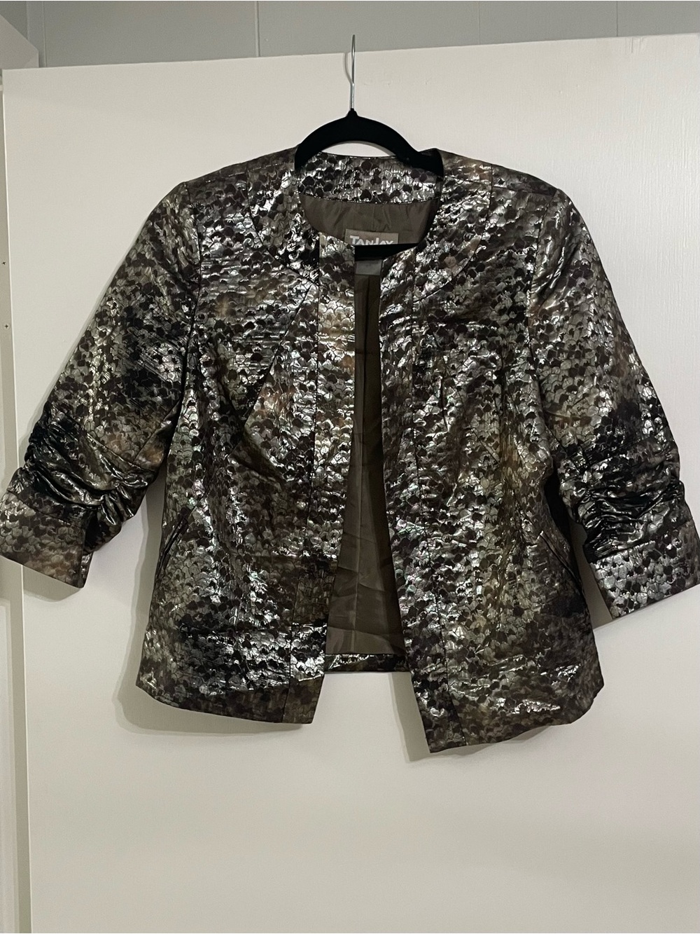 TanJay Metallic Olive and Black Textured Open Jacket